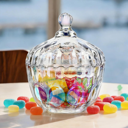 kanpura 11.5 oz Glass Candy Dish with Lid Colorful Candy Jar for Office Desk Decorative Glass Jar for Buffet, Snacks, Coffee Beans 5.5″Tall