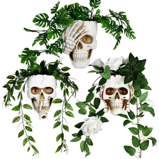 RimCereal 3 Pcs Skull Planter Skeleton Wall Hanging Planter Pot Gothic Spooky Head Face Flower Pot Garden Decor for Festival Party Indoor Outdoor Plants Home Garden Office Decorations(White)