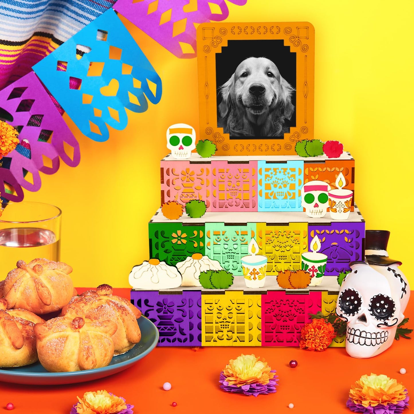 Geelin Dia De Los Muertos Altar Ofrenda Wooden Box with Painting Set DIY Wooden Day of Dead Decorations with Photo Frame Remembrance Memory Shadow Box for Home Halloween Party Gifts(Classic)
