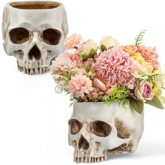 Acellegic Skull Planter Resin Skull Head Flower Pot Candy Bowl Spooky Gothic Decoration for Tabletop Home Bar Office Desk Halloween(2 Pack,Antique White,Classic)
