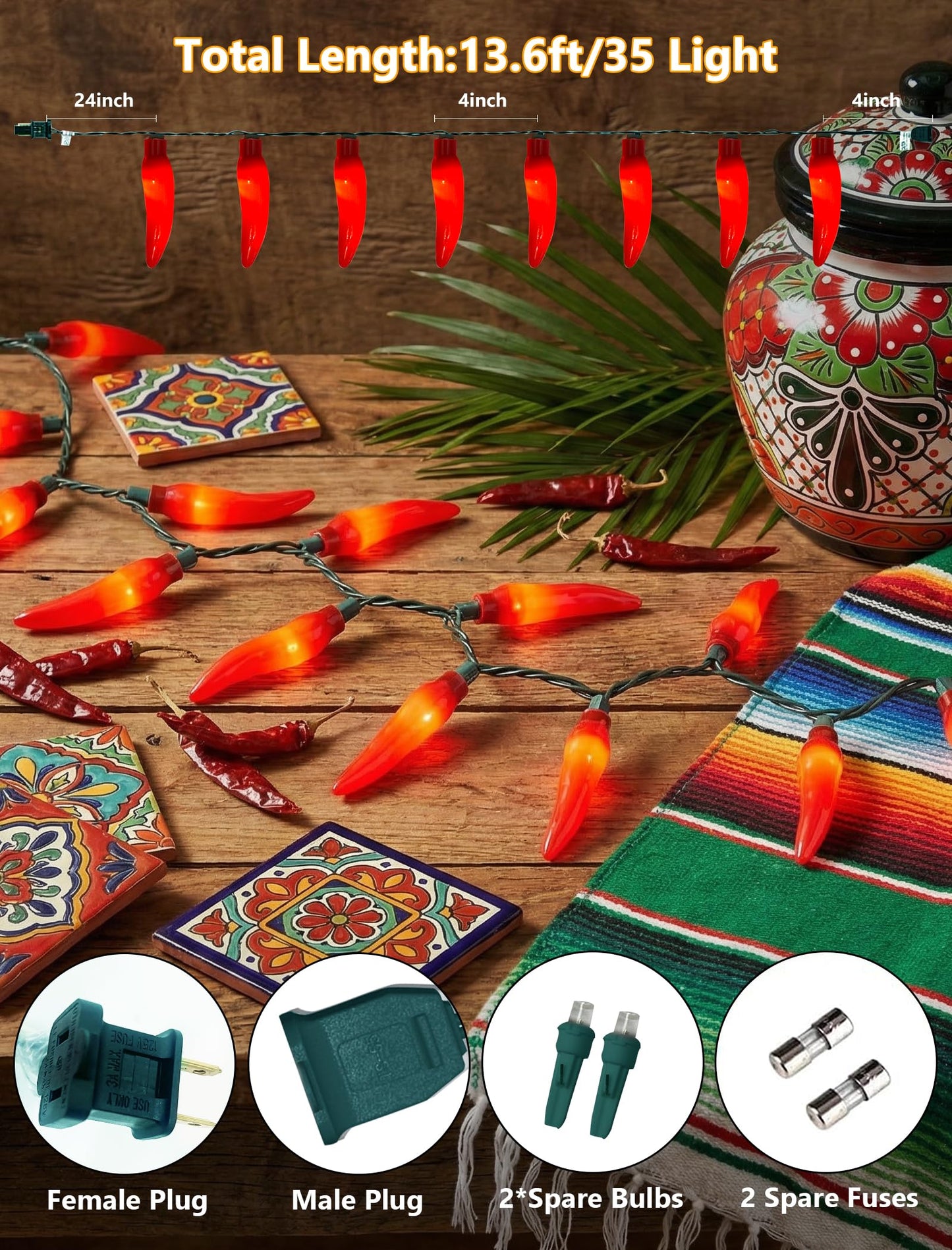 35 LED Red Chili Pepper Christmas Lights, 13.6Ft Outdoor String Lights with Warm White Bulbs, Plug in Fairy Lights for 4th of July Kitchen Patio Garden Decor, Cook Off Decorations for Cinco De Mayo