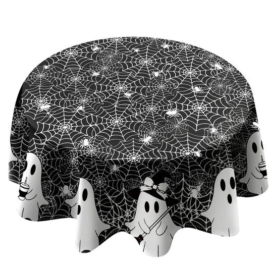 QIALETS Halloween Tablecloth Round 60 Inch Spooky Ghost Spider Web Black Table Covers Washable for Indoor Outdoor Dining Home Party Holiday Decorations