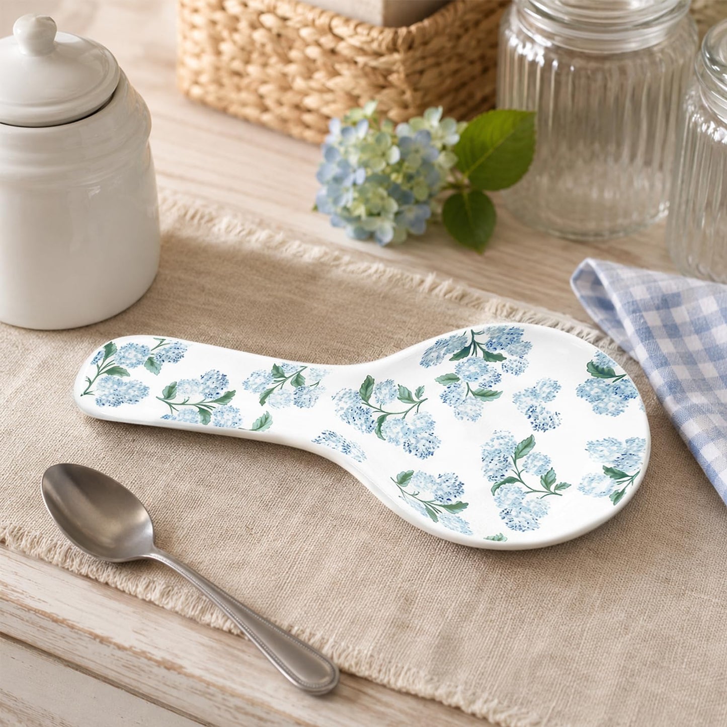 Whaline 9.4 Inch Hydrangea Spoon Rest Blue Flower Spoon Holder Floral Ceramic Utensil Holder for Summer Stove Top Rustic Kitchen Counter Decor