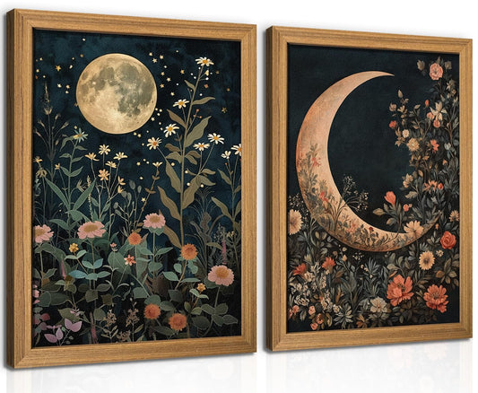 3D Texture Moody Moon Wall Art Set of 2, William Morris Gothic Moon Flower Paintings, Vintage Cottagecore Celestial Wall Decor, Dark Academia Floral Pictures for Bedroom Living Room 12x16 In Framed