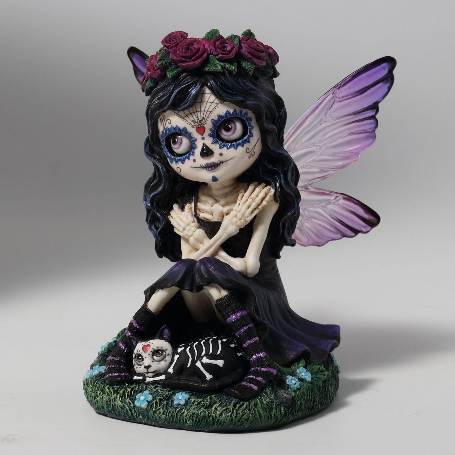 Veronese Design 4 3/4 Inch Day of The Dead Sugar Skull Butterfly Fairy Petting Cat Resin Hand Painted Figurine