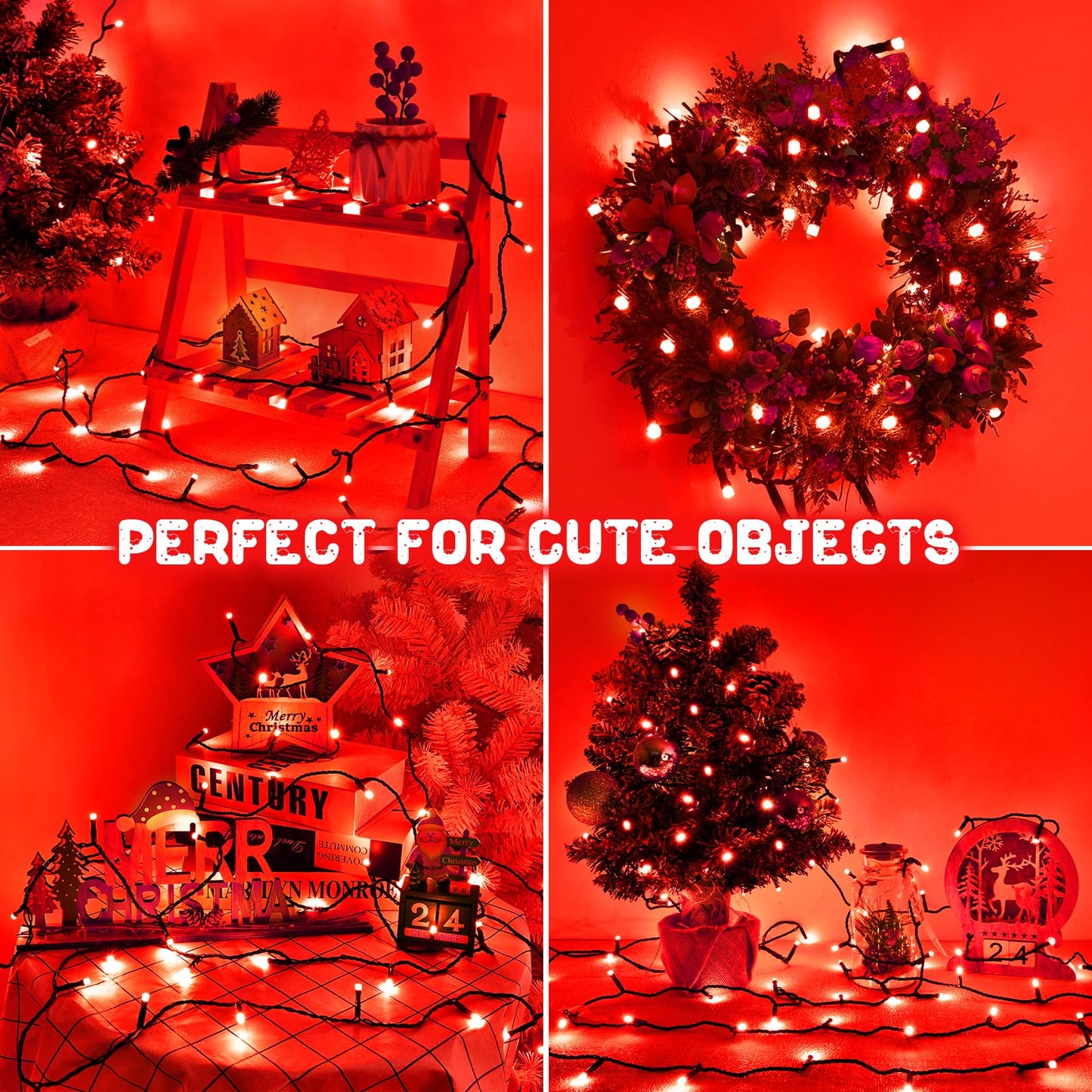 FFZZKJ Red Christmas Lights Outdoor Battery Operated String Lights Total 100LED 33Ft with Timer 8 Modes 16.4Ft*2 Waterproof Outdoor Indoor for Christmas Decor, Red, 2-Pack