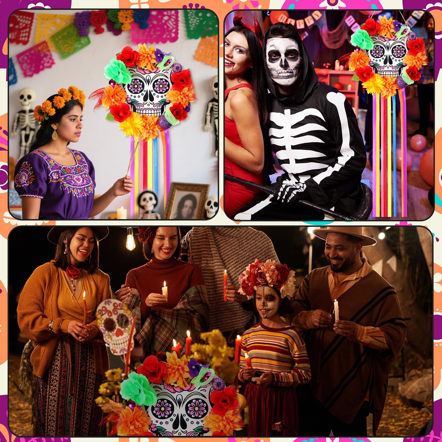 Cinnvoice Day of The Dead Wreath for Front Door Wooden Sugar Skull Marigold Door Wreath Decor Dia De Los Muertos Welcome Sign Hanging for Halloween Mexican Home Wall Porch Window