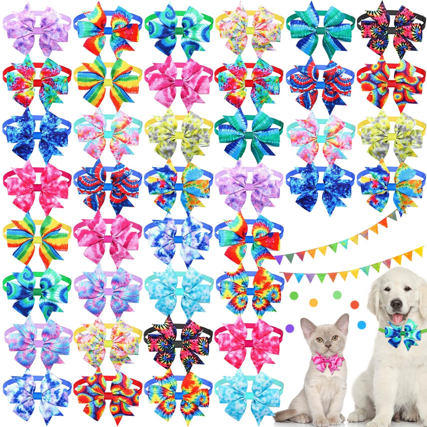 Talltalk 40 Pcs Tie Dye Dog Bow Ties Collar Bows Summer for Dogs Puppy Bowties with Plastic Buckle Adjustable Grooming Collar Ties Accessories for Small Medium Cat Pet Holiday Costume