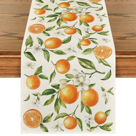 Artoid Mode Orange Wildflowers Leaves Summer Table Runner, Seasonal Spring Kitchen Dining Table Decoration for Home Party Decor 13x108 Inch
