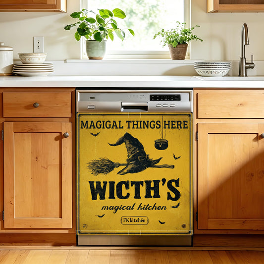 Halloween Witch Dishwasher Cover Magnet, 23 x 26 Inch Trimmable Magnetic Sticker for Dishwasher Front Panel, Easy Clean Decor for Fridge