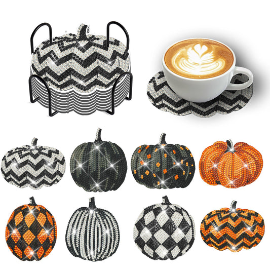 Demonwer 8 Pieces Halloween Pumpkin Diamond Coasters Kits with Holder DIY Halloween Pumpkin Diamond Art Coaster Non Slip Coaster for Adults Diamond Art Painting Kits Supplies for Gift
