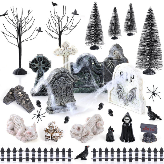 YLOLUL 48 Pcs Fluorescent Halloween Village Accessories Miniature All Saints' Day Figurines Glow in The Dark Mini Tombstones Skeleton Tiny Trees for Halloween Town Decorations Party Table Decor