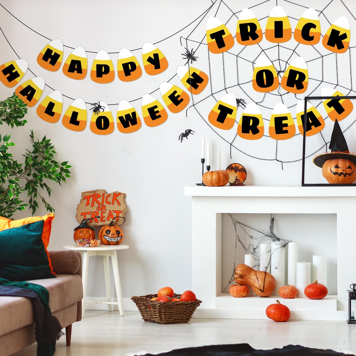 JarThenaAMCS 50Pcs Halloween Cutouts Candy Corn Paper Cut-Outs Halloween Candy Corn Bulletin Board Decor with 100Pcs Glue Points for DIY Art Craft Wall Home Classroom School Party
