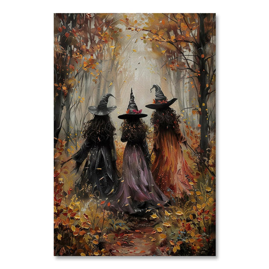 Halloween Witch Wall Art Three Witches in The Forest Poster Vintage Witchy Canvas Print Autumn Forest Wall Decor Gothic Spooky Fall Dark Academia Decor for Bedroom Living Room 16X24inch Unframed
