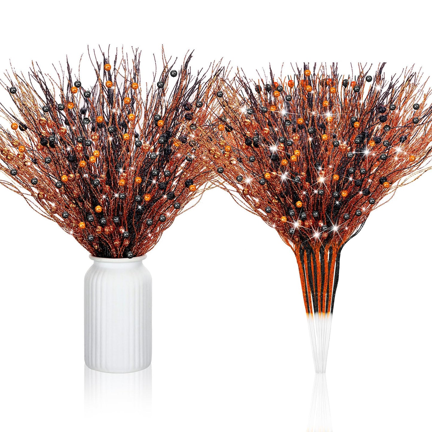 Giegxin 32 Pack Halloween Black Orange Artificial Glitter Berry Stem, 17 Inches Fall Thanksgiving Floral Picks Branches for Halloween Autumn Holiday Vase Filler Home Table Centerpieces DIY Decoration