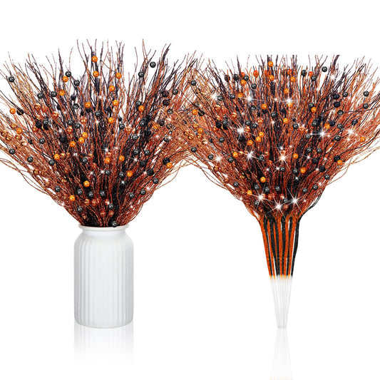 Giegxin 32 Pack Halloween Black Orange Artificial Glitter Berry Stem, 17 Inches Fall Thanksgiving Floral Picks Branches for Halloween Autumn Holiday Vase Filler Home Table Centerpieces DIY Decoration