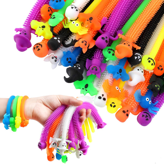 codree 48 Pcs Halloween Stretchy Fidget Toy, Colorful Stretchy Strings Sensory Fidget Toys, Sensory Stress Relief Stretch Toys with Ghost Pumpkin Bats Skull for Party Favors Treat Bags Gifts