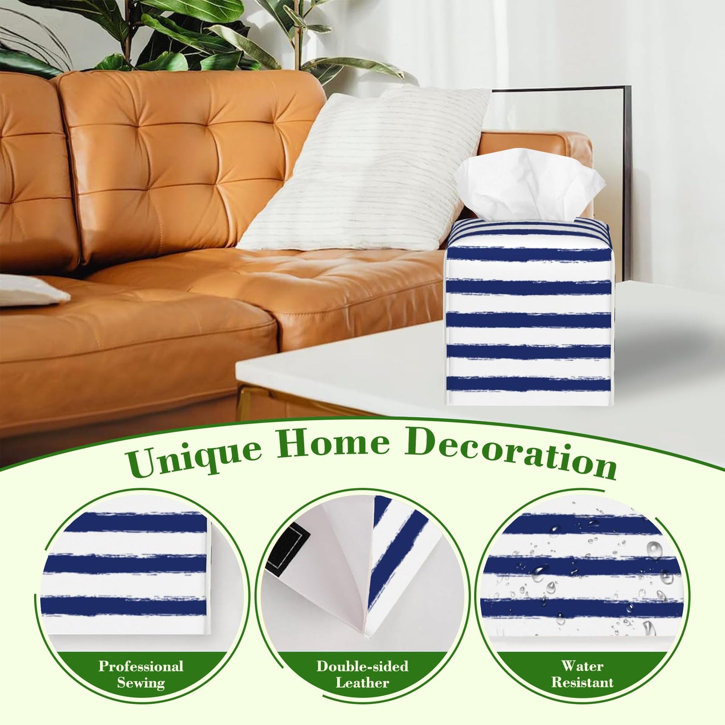Navy Blue Stripes Tissue Box Cover,Color Horizontal Striped Waterproof Leather Square Tissue Box Cover Case Facial Paper Organizer Dispenser Box Holder for Home Office Bathroom Vanity Countertop