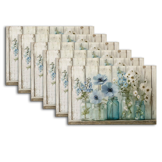 Flowers Placemats Set of 6,Vintage Wooden Board Heat Resistant Non Slip Washable Indoor Place Mats for Kitchen Dining Table Decor,12 x 18 Inches