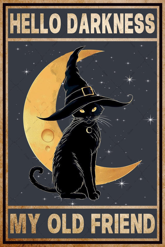 Black Cat Witch Halloween Metal Tin Sign - Hello Darkness My Old Friend Retro Wall Decor 12x16 Inch for Home, Bar, Kitchen, Hotel & Coffee Shop