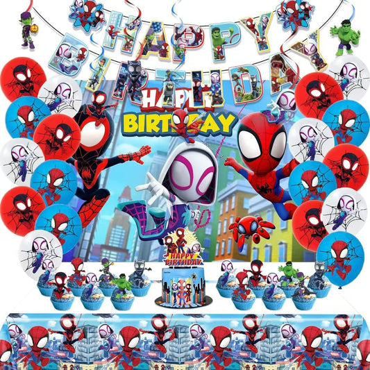 Cartoon spidey-themed birthday party supplies. These decorations include "Happy Birthday" banners, tableware, tablecloths, balloons, large and small skewers, and party-themed decoration sets.