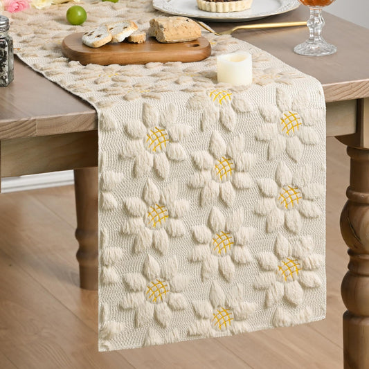 Artoid Mode Beige Soft Plush Faux Fur Jacquard Embroidery Sunflower Spring Table Runner, Kitchen Dining Table Decoration for Home Party Decor 13x48 Inch