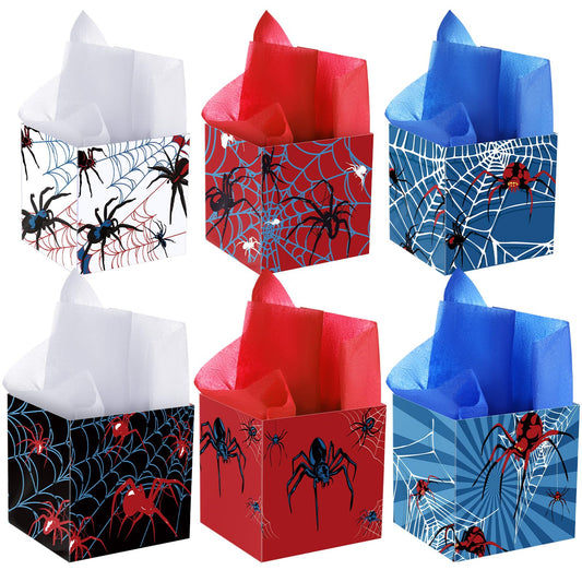 Spiareal 6 Set Spider Birthday Party Decoration Favor PVC Spider Snack Popcorn Bucket Centerpiece for Table Candy Cookie Treat Container with Red White Blue Snow Pear Paper for Birthday Party Supplies