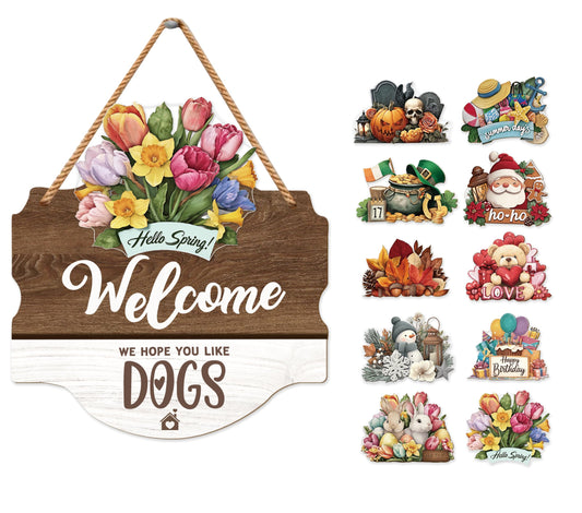 Dibor Interchangeable Seasonal Welcome Sign, Dog Welcome Sign Front Door Decor, We Hope You Like Dogs Wall Hanging for Home Outdoor, Home Porch Decor for Spring Summer Fall Winter Christmas, Interchangeable Door Signs, 11.8x 10 In