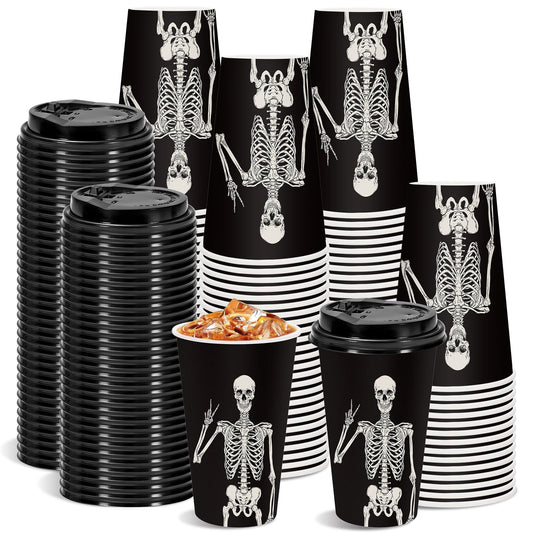 JarThenaAMCS 50Pcs Halloween Coffee Cups 16 Oz Smiling Skeleton Paper Cup with Lid Disposable Black Drinking Cups for Hot Cold Drink Trick or Treat Party Supplies