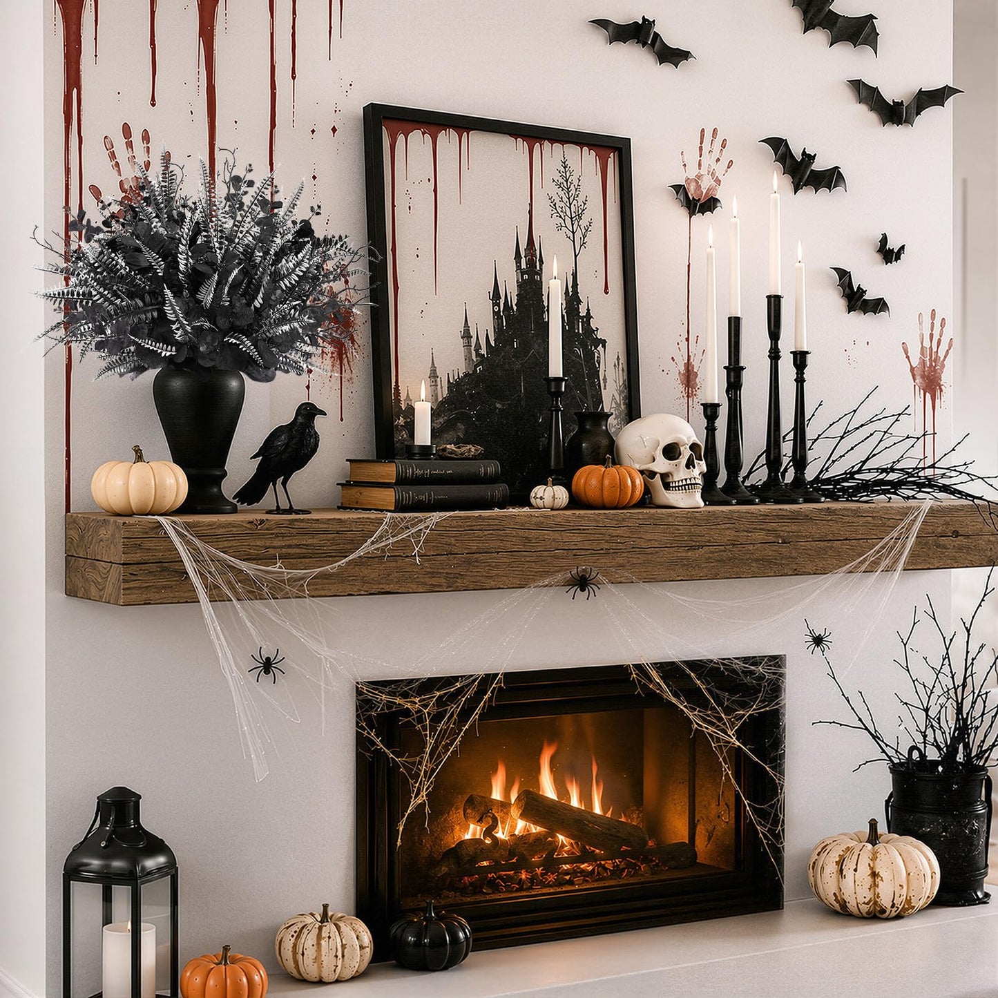 HIAGROW 12 Pcs Black Eucalyptus Stems with Ferns Dead Branches, Halloween Flowers DIY Black Silk Artificial Flowers Fake Spooky Branches for Home Halloween Farmhouse Gothic Arrangements Decor