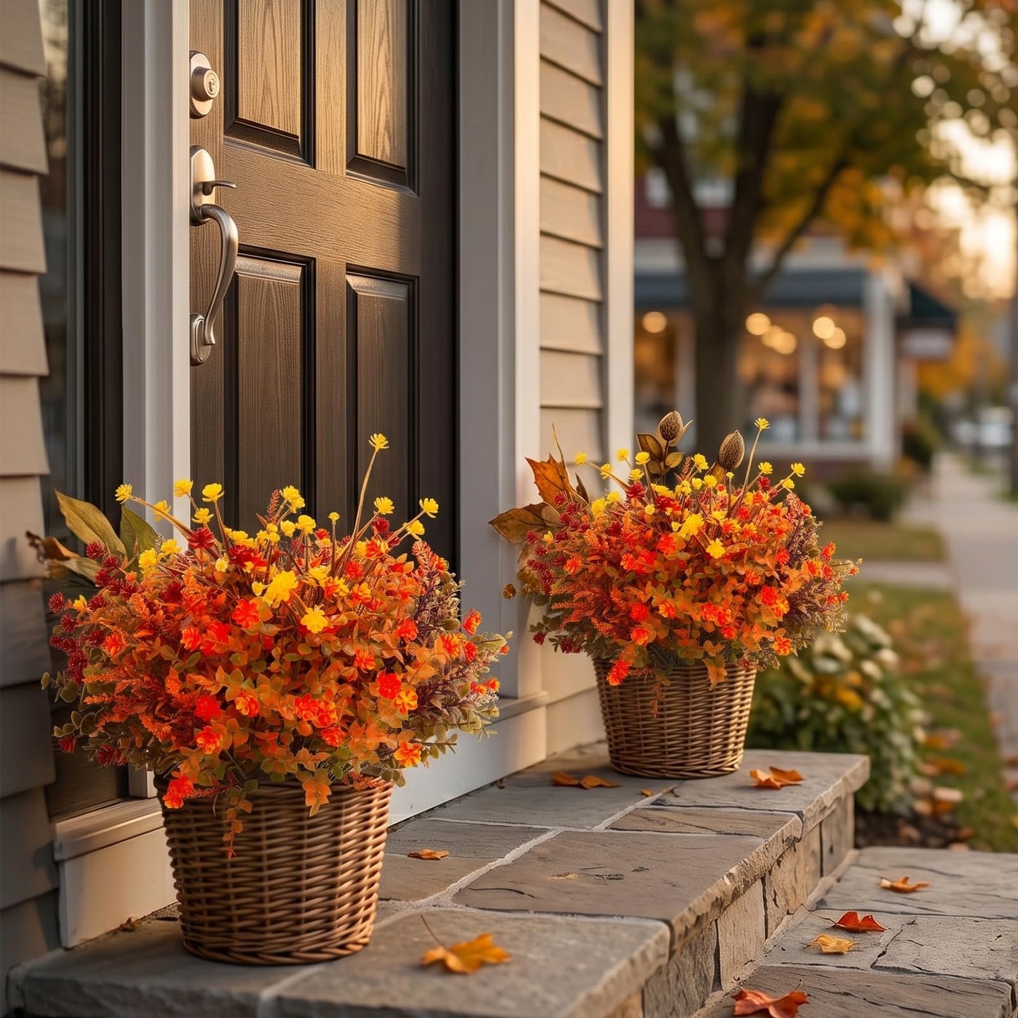 Hananona 12 Pcs Artificial Fall Flowers Outdoor, Faux Artificial Plants UV Resistant Plastic Autumn Flower for Hanging Planter Front Door Porch Window Home Decor (12, Orange)