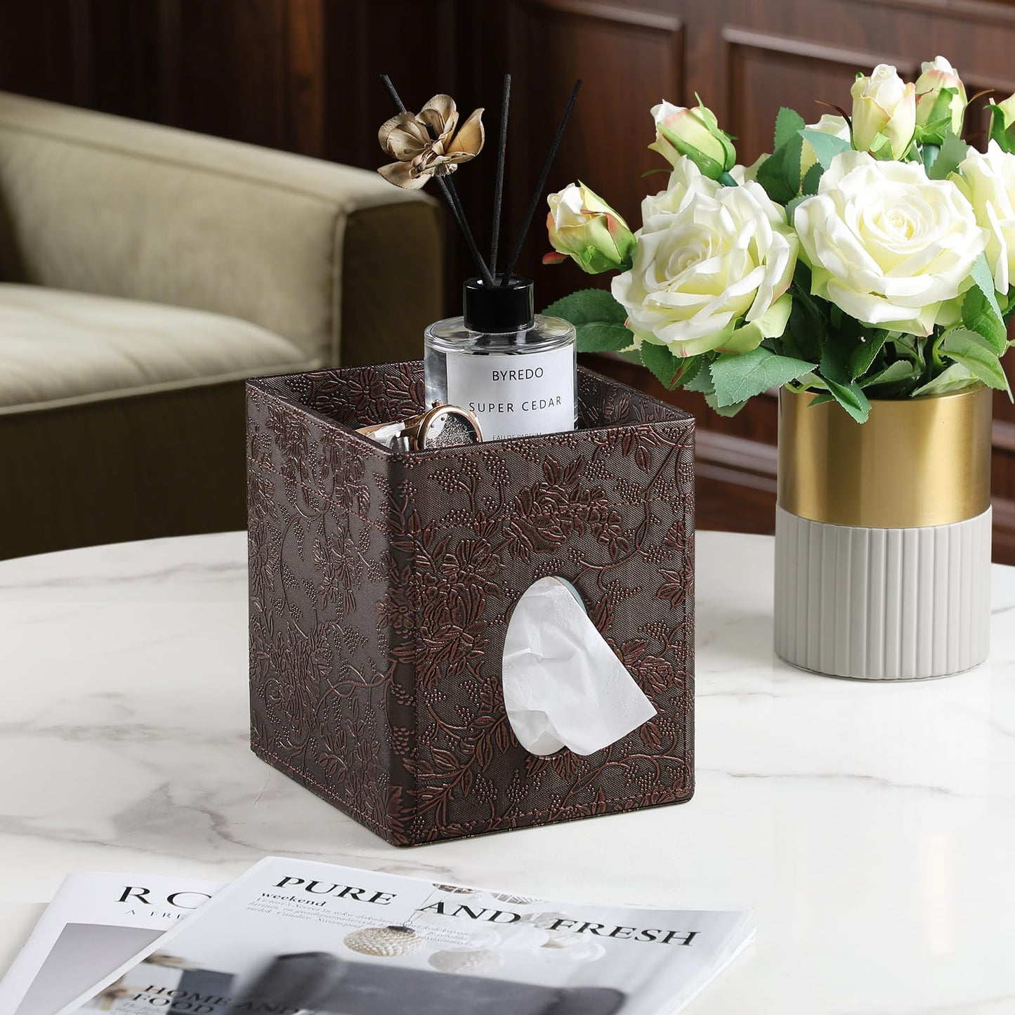 Square Tissue Box Cover, Stylish Leather Tissue Box Holder with Storage Tray, Decorative Tissue Rack Storage Box for Living Room, Bedroom, and Office Desk(Brown Grape Pattern)