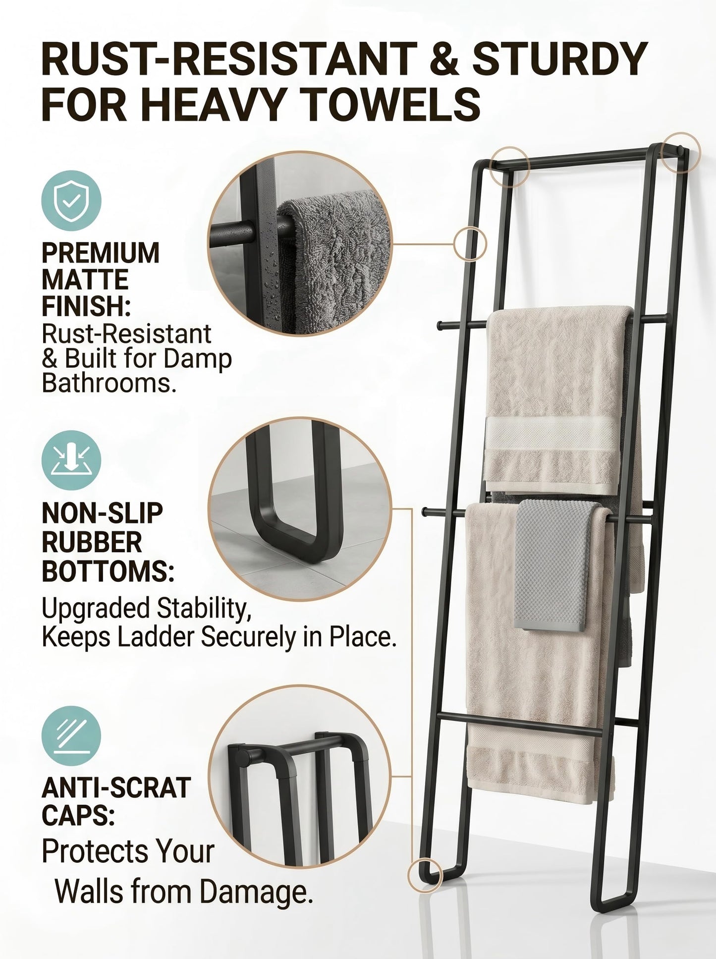 CANYAVE Metal Leaning Ladder Towel Rack, 4-Tier Blanket Stand for Bathroom Living Room, No Drilling Quilt Storage Organizer (Matte Black)