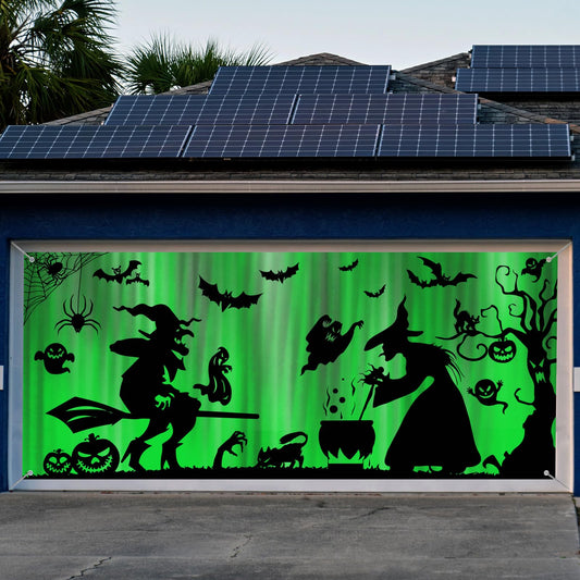 Preboun 7 x 16 ft Halloween Garage Door Decorations Large Double Garage Door Cover Ghost Bat Garage Door Banner Large Backdrop with Grommets for Halloween Yard Front Porch Wall Decorations(Witch)