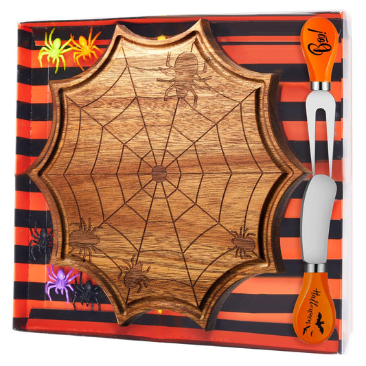 Ziliny Halloween Cheese Board Mini Spider Net Shaped Charcuterie Board Set Acacia Wood Halloween Cutting Serving Tray Platter with Knife and Fork Tag Box for Party Gift Food Tray Kitchen Decoration