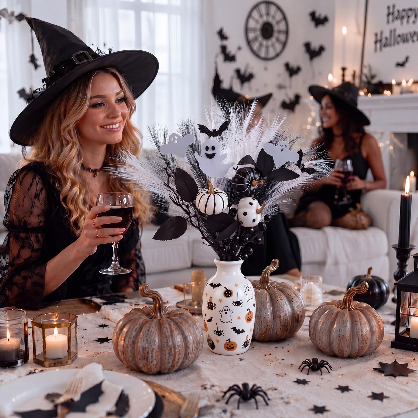 Zeyune Black Artificial Flowers 17'' Halloween Floral Picks with Cute Ghost Pumpkin Halloween Vase Filler Gothic Flower Bouquet Black Branches Centerpiece for Bedroom Living Room Witchy Home Decor