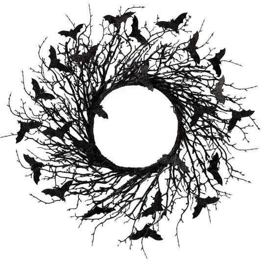 Sggvecsy 17.7"Artificial Black Twig Wreath with Glitter Bats - Handmade Sparkling Hanging Decorations for Front Door, Indoor/Outdoor Halloween Party
