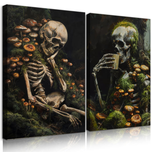 EGMAVQZY 2 Pieces Skull Canvas Wall Art Gothic Skull Wall Decor Dark School Style Vintage Skeleton Poster Painting Prints for Living Room Bedroom Hallway Ready to Hang (12x16 Inch)
