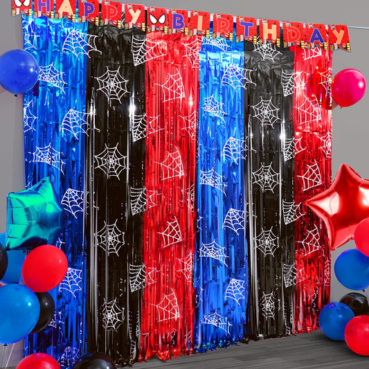 Spider Birthday Party Decoration, including 2Pack Spider-web Printing Foil Fringe Curtains, 1pack Spider Themed Birthday Banner & Balloons for Spide-party Photo Booth Props Streamers Backdrop Decor