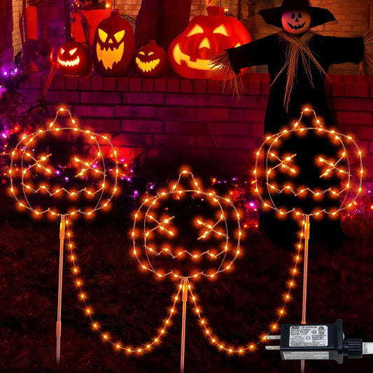 Halloween Walkway Lights,3PACK Hopolon Pumpkin Lights Halloween Decorations Outdoor Light Orange Plug-in Pumpkin Stake Light Pathway with IP44 Waterproof, 8Modes for Holiday Home Garden Yard Decor