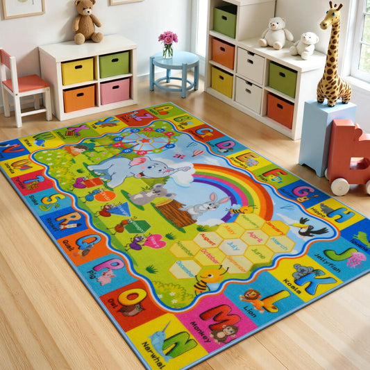 STARUIA ABC Kids Rug for Playroom, Non-Slip Educational Toddler Rug for Learning Alphabet Animals Numbers Months Shapes, Washable Playroom Rugs for Daycare Classroom Nursery Decor (36"X59")