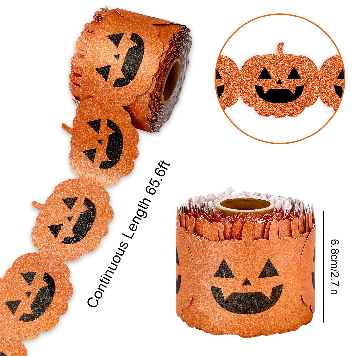 Whaline 65.6Ft Halloween Bulletin Board Border Glitter Orange Pumpkin Die Cut Trim Border Roll for Spooky Chalkboard Wall Decor