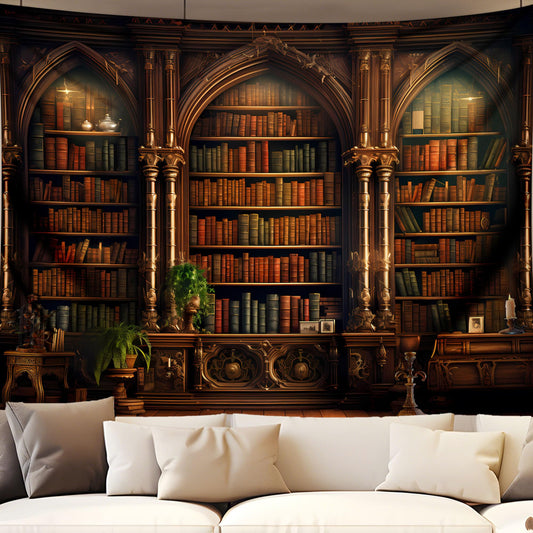QGHOT Medieval Bookshelf Tapestry Vintage Library Bookcase Tapestry Wall Hanging Victorian Office Zoom Video Backdrop Old Books for Study Room Bedroom Living Room Decor 80x60in