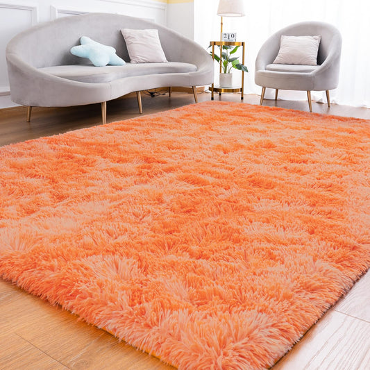 Goideal Fluffy Rug for Bedroom Living Room, 4x6 Orange Area Rugs, Faux Fur Shag Modern Carpet Ultra Soft Girls Boys Room Home Decor, Tie-Dyed