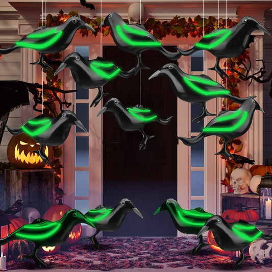 Ripeng 12 Pcs 11.5'' Halloween Inflatable Outdoor Decoration Large Halloween Crow Inflatable Hanging Ornament Realistic PVC Glow in The Dark Black Blow up Crow for Outside Indoor Yard Tree Party Decor