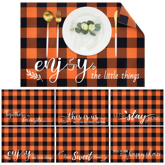 Hahafelt 6 Pack Halloween Placemats 12"x18" 6 Styles Rustic Table Mats with Sayings Washable Halloween Party Table Decorations Fall Thanksgiving Autumn Harvest Kitchen Decor(Orange, Black,Plaid)