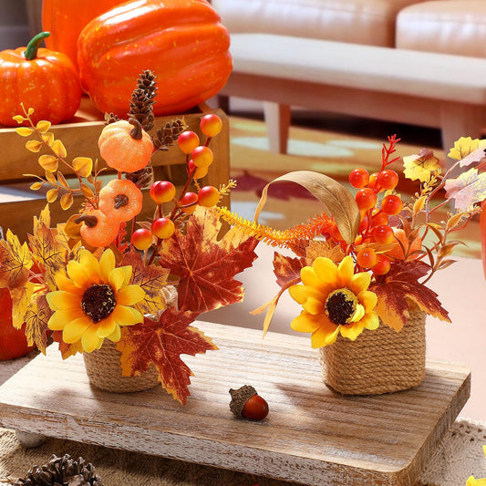 Suncalla 2 Pcs Thanksgiving Fall Table Decorations Centerpiece for Table Maple Leaf Fall Decor for Home Artificial Flower Pumpkin with Rattan Flower Basket for Indoor Thanksgiving Gifts(Vivid Style)