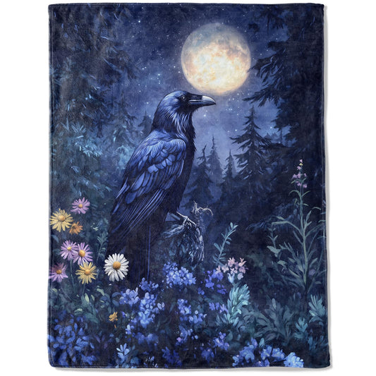 ainori Raven and Moonlit Forest Flannel Blanket - Lightweight Soft Cozy Gifts Blankets for Gothic Lovers, Men,Women,Goth Mystical Night Style Throw,Home Room Modern Halloween Decor 50x60in