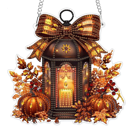 MOGTAA Fall Pumpkin Diamond Art Hanging Pendant Kits, Halloween Diamond Art Kits for Adults, 5D Special Shape Diamond Painting Candle Gem Art for Home Garden Wall Decor