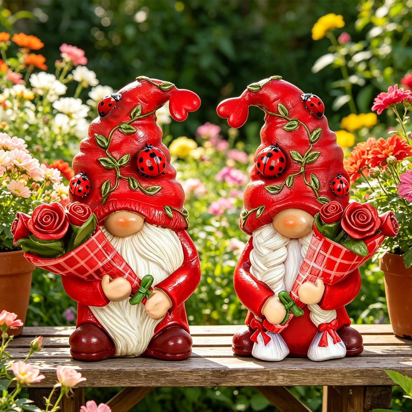 Eousera Red Roses Gnome Figurines - Indoor Home Office Spring Decor, Romantic Summer Gnomes Gifts for Women, Resin Ladybug Dwarf for Desk Shelf Decorations